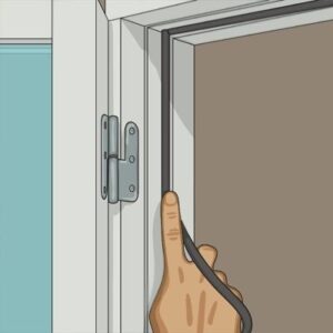 Hand visar tätning vid gångjärnet på ett fönster